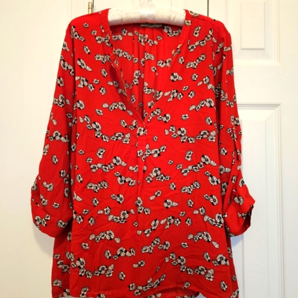 DALIA | Red Floral 3/4 Sleeve Vneck Blouse Sz XL